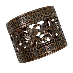 Vintage Solid Copper Floral Pierced Wide Cuff Bracelet Boho Southwestern